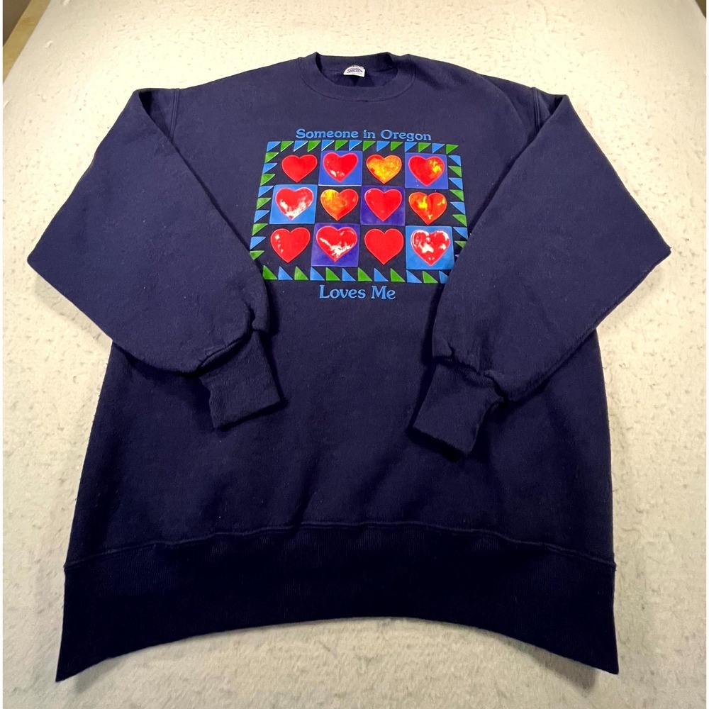 Vintage Russell Super Sweatshirt Women XL Blue Someone In Oregon Loves Me Hearts